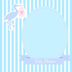 Simple baby shower invitation with a stork. Striped background. Blue and violet colors.