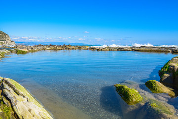 Beautiful landscape, seascape, amazing nature background with rocks and blue water.