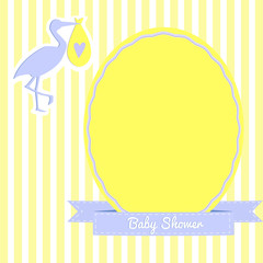 Simple baby shower invitation with a stork. Striped background. Yellow and violet colors.