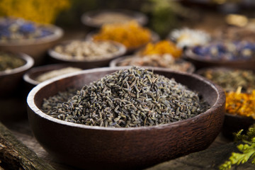 Natural medicine on wooden table background