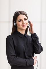 Portrait of woman customer service worker, call center smiling operator with phone headset