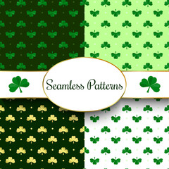 Set of St. Patrick's Day Seamless Patterns with Polka Dot, and Clover in Green, Dark Green and White gold clover. Perfect for wallpapers, pattern fills, web backgrounds, greeting cards