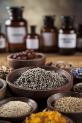 Herbal medicine on wooden desk background
