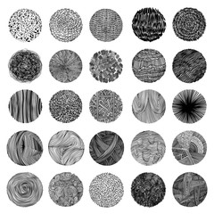 Hand texture. Set. The art collection of black design elements: circles, brush, wavy lines, abstract backgrounds, patterns. Vector illustration EPS 10. Isolated on white background. Freehand drawing.