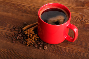 Coffee beans. Good morning. Roasted coffee beans background close up. Coffee beans pile from top with copy space for text. Coffee house.