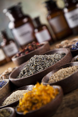 Herbal medicine on wooden desk background
