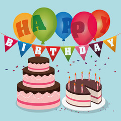 happy birthday cakes balloons garland confetti vector illustration eps 10