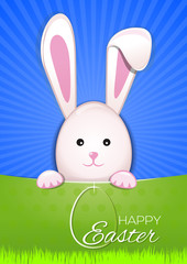 Cute Easter bunny on sky blue background. Egg Hunter. Easter bunny looking out a green background. Happy Easter. Vector illustration