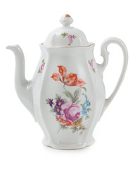 Vintage, old style rich decorated by flower decors white coffee pot, isolated on a white background.