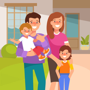 Vector illustration of a young happy family in the yard of his house in front. Father, mother, son and daughter standing together in flat style