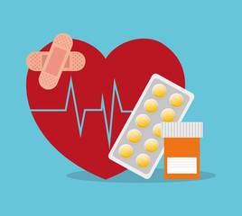sick heartbeat healthy medicine bottle pills vector illustration