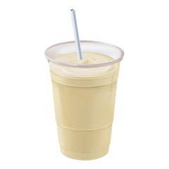 Banana smoothie/milkshake positioned straight up and down with straw inside a clear plastic container covered with beads of cold condensation.