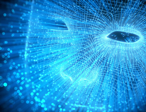 Human face stylized in fiber optics in a concept of technology and human evolution.