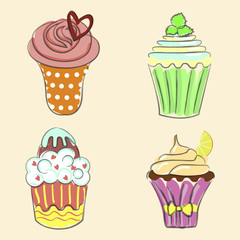 Collection of Hand drawn cupcakes, sketch style. Isolated on white background. Pastel colors. Vector illustration eps 10