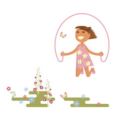 Illustration of child on a flower meadow - girl with skipping rope. Flat design of season. Vector illustration eps
