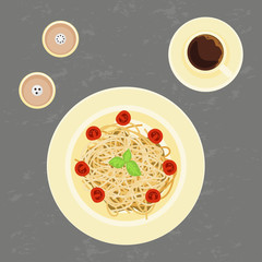 Delicious pasta coffee top view Vector illustration eps 10