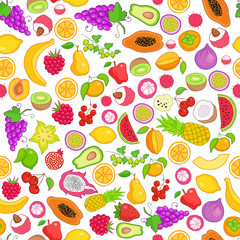 Vector pattern of colored hand drawn fruit icons. Doodle set of different cut fruits and berries. Healthy food. Exotic fruits. Collection of fruits and berries