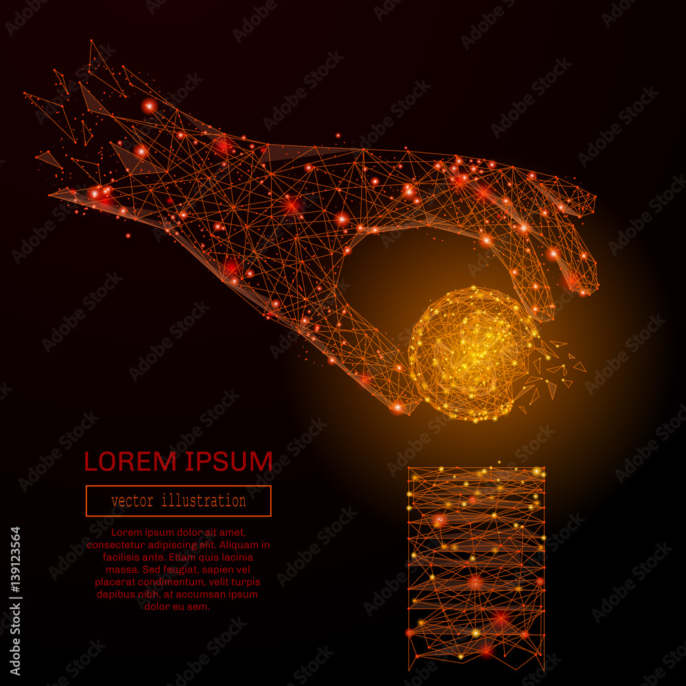 Poster abstract mash line and point hand holding dollar coin on background with an inscription. starry sky 
