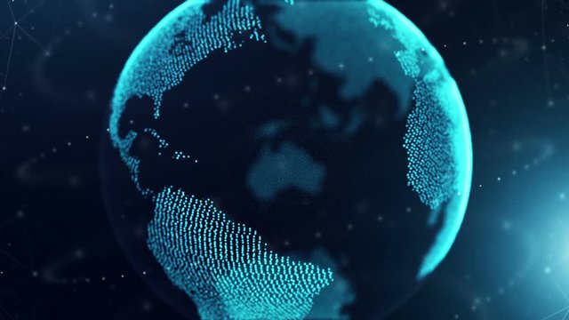 Digital Globe Network Zoom Out. a digital earth zooms out and spins with dots connecting and circling the globe. Networking and future
