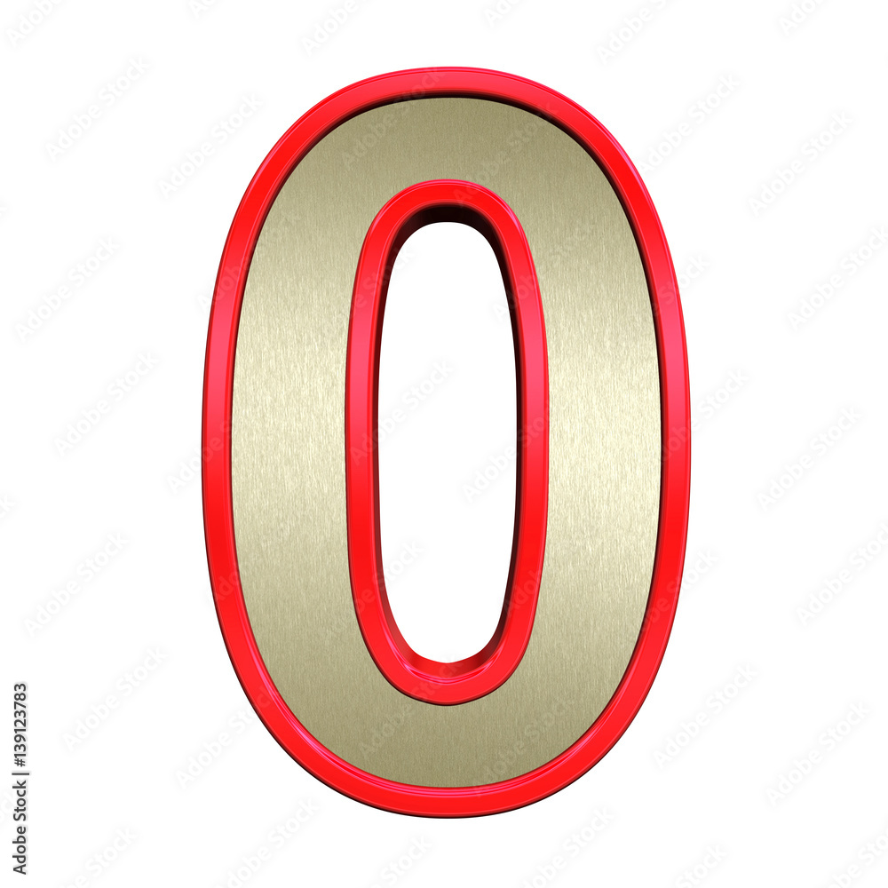 Fototapete one digit from brushed gold with red frame alphabet set, isolated on white. 3d illustration.