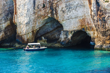 motor boat in blue caves on Zakynthos island in Greece, Europe