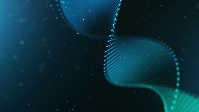 DNA Strand Forms with Particles on Blue. a digital animation of particles forming a rotating dna strand on blue
