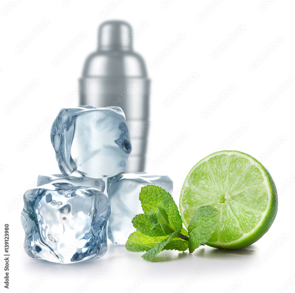 Wall mural lime, mint, ice cubes and metal cocktail shaker on white background - Wall murals