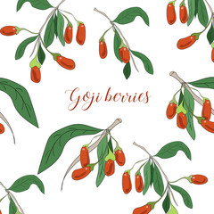 Vector goji berries banner with branches on white backgroud. Design for packaging, tea shop, drink menu, homeopathy and health care products.