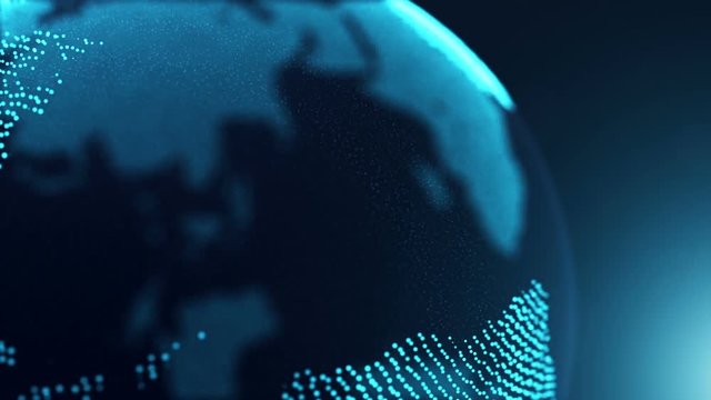 Close Up Digital Earth Spin Loop. a close up shot of a point based digital blue globe spinning on the left. File is loop-able
