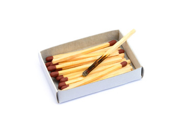 Laid used matchsticks isolated on white background