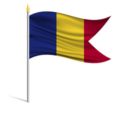 The national flag of Romania on a pole. The wavy fabric. The sign and symbol of the country. Realistic vector.