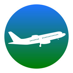 Flying Plane sign. Side view. Vector. White icon in bluish circle on white background. Isolated.