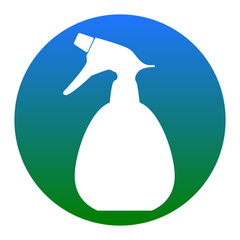 Spray bottle for cleaning sign. Vector. White icon in bluish circle on white background. Isolated.