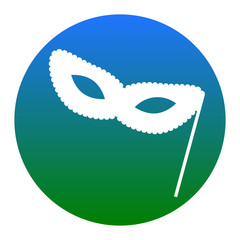 Traditional Venetian Carnival Decorative mask sign. Vector. White icon in bluish circle on white background. Isolated.