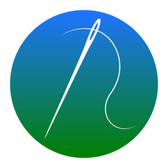Needle with thread. Sewing needle, needle for sewing. Vector. White icon in bluish circle on white background. Isolated.