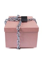Pink cardboard box and metal chain on white background