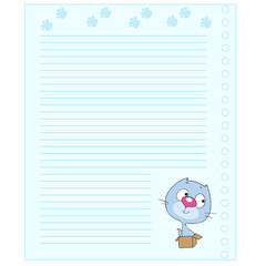 Cute cartoon cat. Template notebook. Cheerful note pad. Space for text.