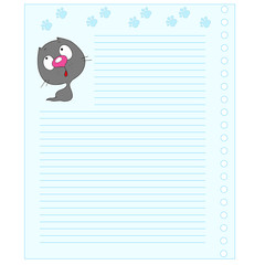 Cute cartoon cat. Template notebook. Cheerful note pad. Space for text.