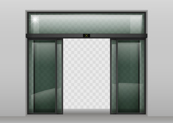 Double sliding glass doors with automatic motion sensor. Entrance to the office, train station, supermarket.