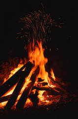 Fire campfire burning at night with sparks