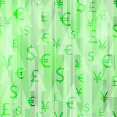 Seamless green vector background with many different sized arrows and currency signs