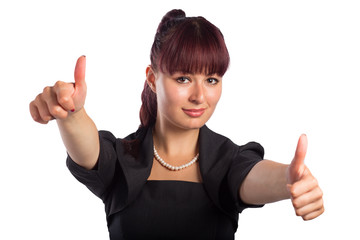 Happy smiling business woman with thumbs up gesture