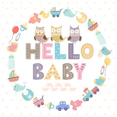 Baby shower card with a text Hello baby - obrazy, fototapety, plakaty