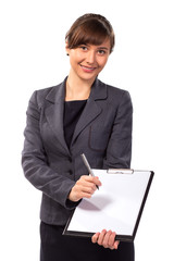Smiling woman with clipboard offer to sign contract