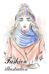 Beautiful young girl in knit cap. Stylish cute woman. Fashion girl. Sketch. Vector illustration.
