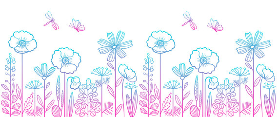 Linear pattern made of decorative flowers and plants with dragonfly and butterfly, nature of wild field and meadow. Vector illustration in light blue-pink isolated. Can be used as border.