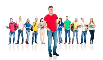 Fototapeta premium Large group of teenage students isolated on white background. Many different people standing together. School, education, college, university concept.