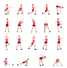 Fit, healthy and sporty woman in sportswear making physical exercises isolated on white. Set...