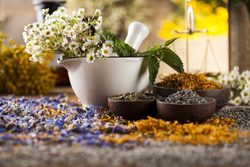 Herbs, berries and flowers with mortar, on wooden table background