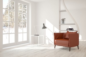 White room with armchair and winter landscape in window. Scandinavian interior design. 3D illustration